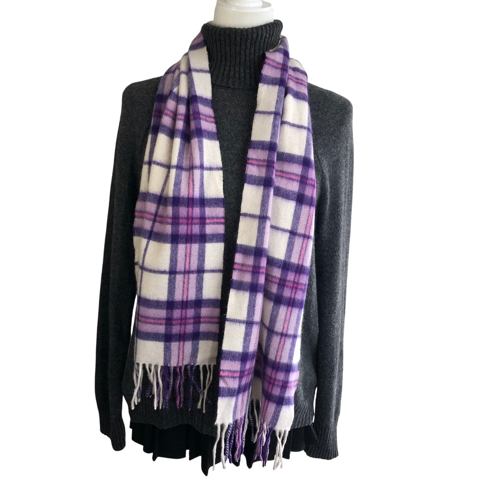 Edinburgh 100% Cashmere Scarf Purple Pink Plaid Tartan Check Fringe Warm Scarf